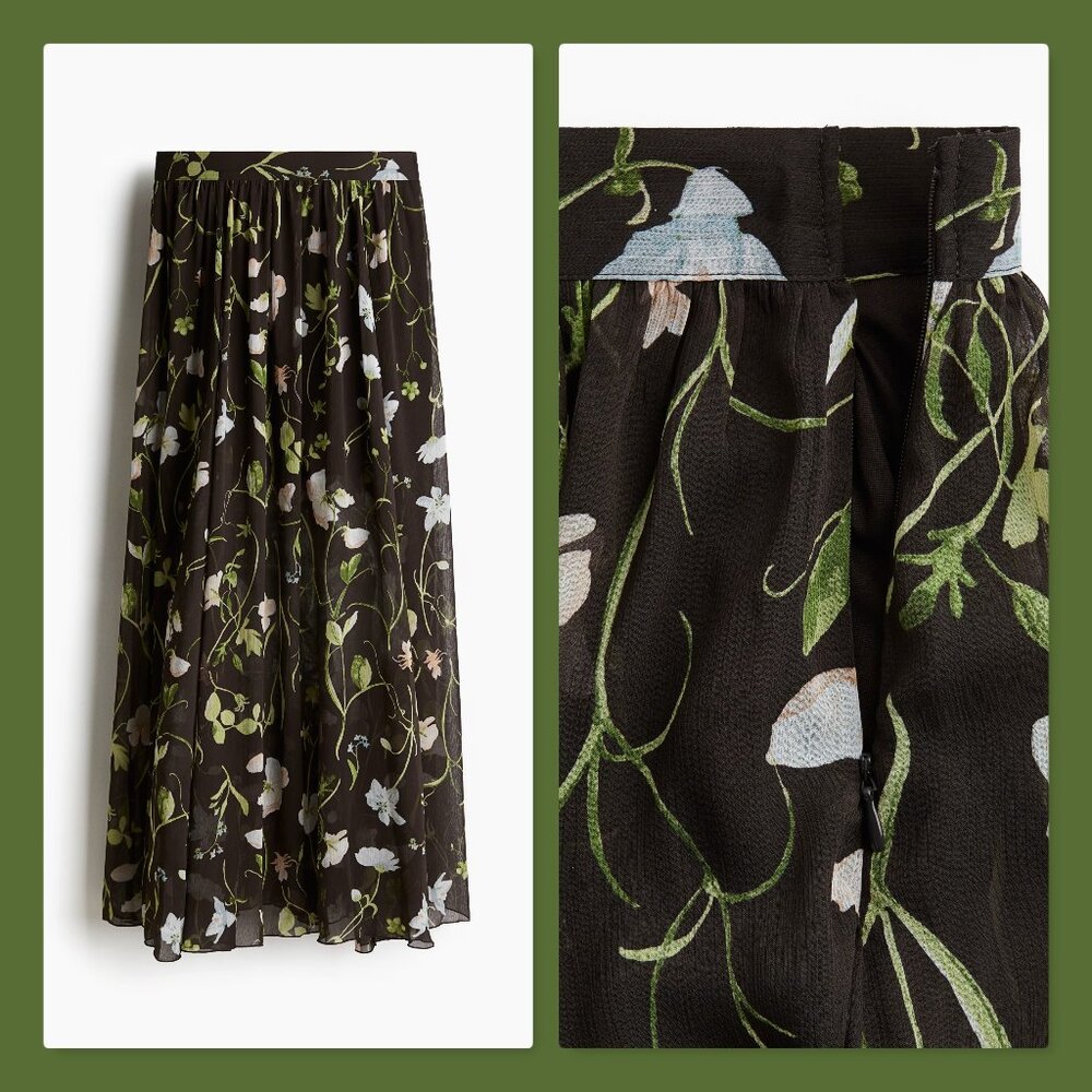 H&M Size 16 Black Floral High Waisted Chiffon Maxi Skirt